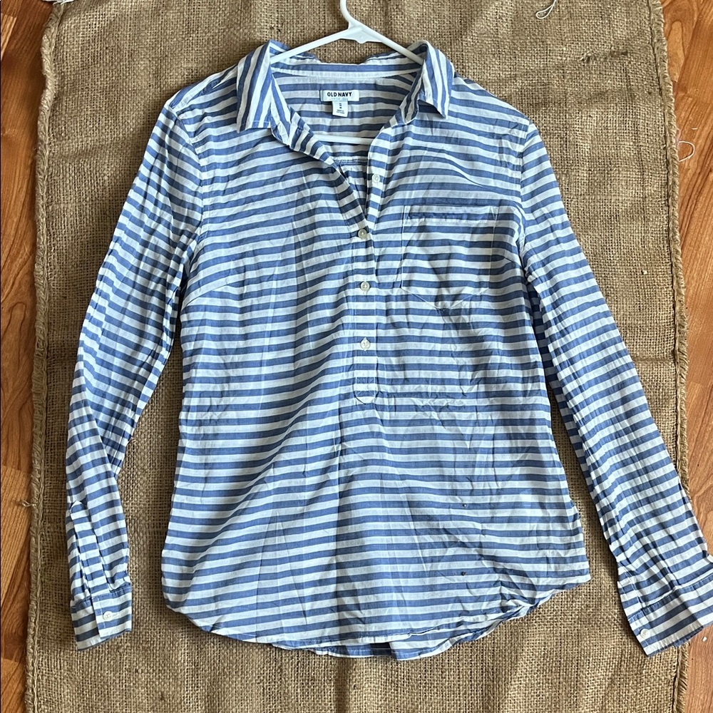 Old Navy Blue & White Striped Women’s Button-Down popover Shirt sz M cotton